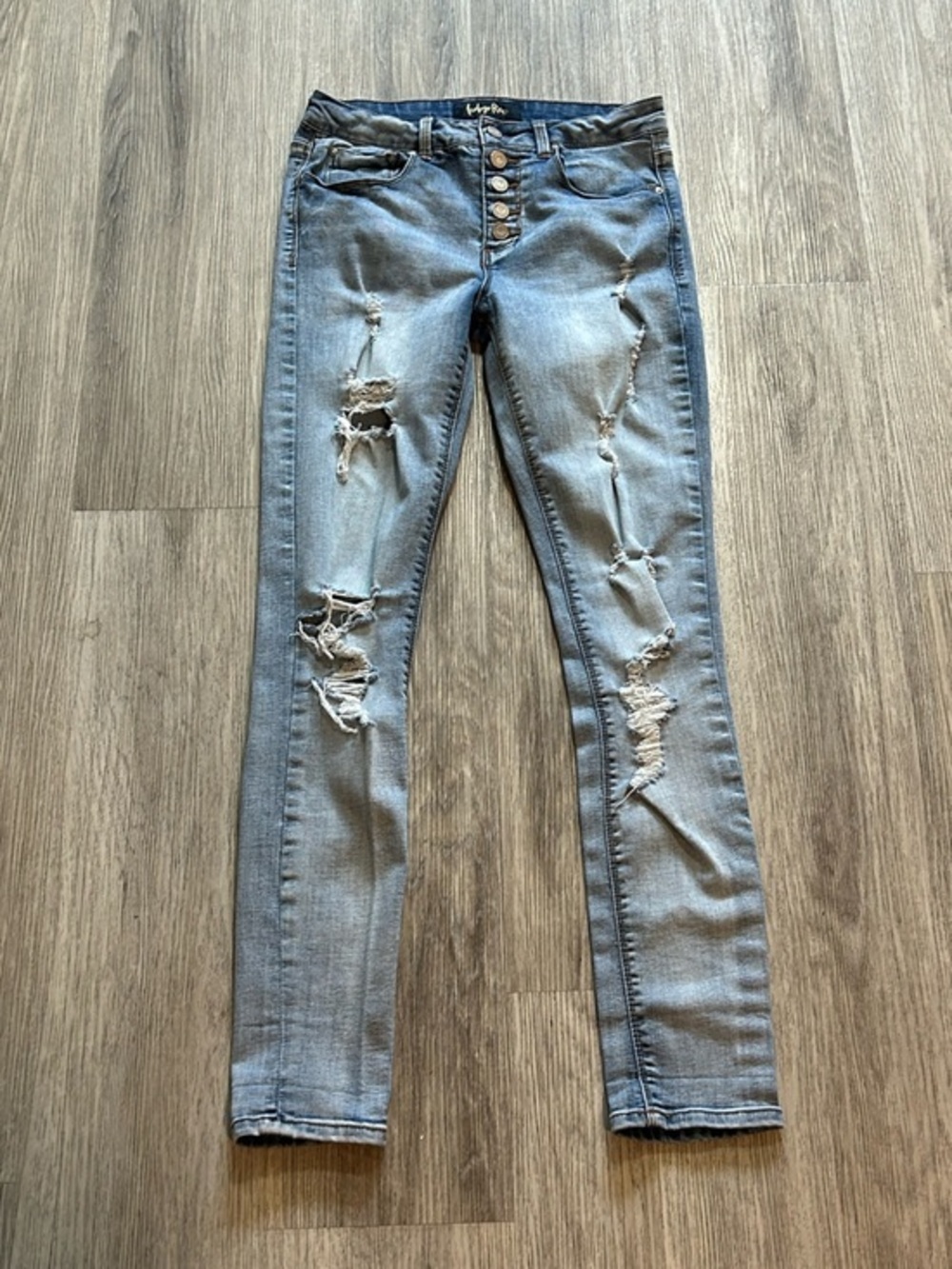 Indigo Rein Light Blue Distressed Skinny Jeans with Button Fly